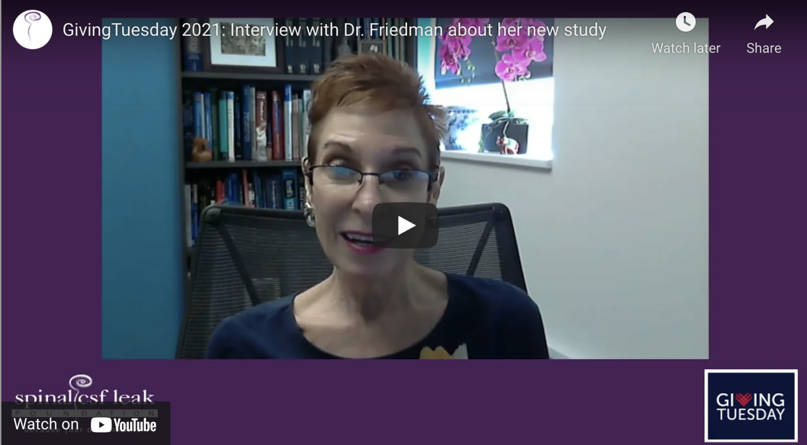 Image featuring Dr. Deborah Friedman giving an interview for GivingTuesday. The image links to a youtube video