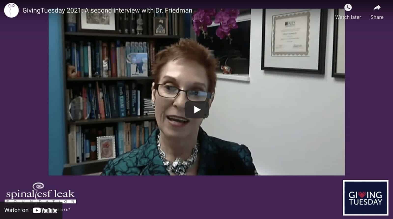 Talking with Dr. Friedman: An image of Dr. Deborah Friedman that links to a YouTube video of our second GivingTuesday interview with her.