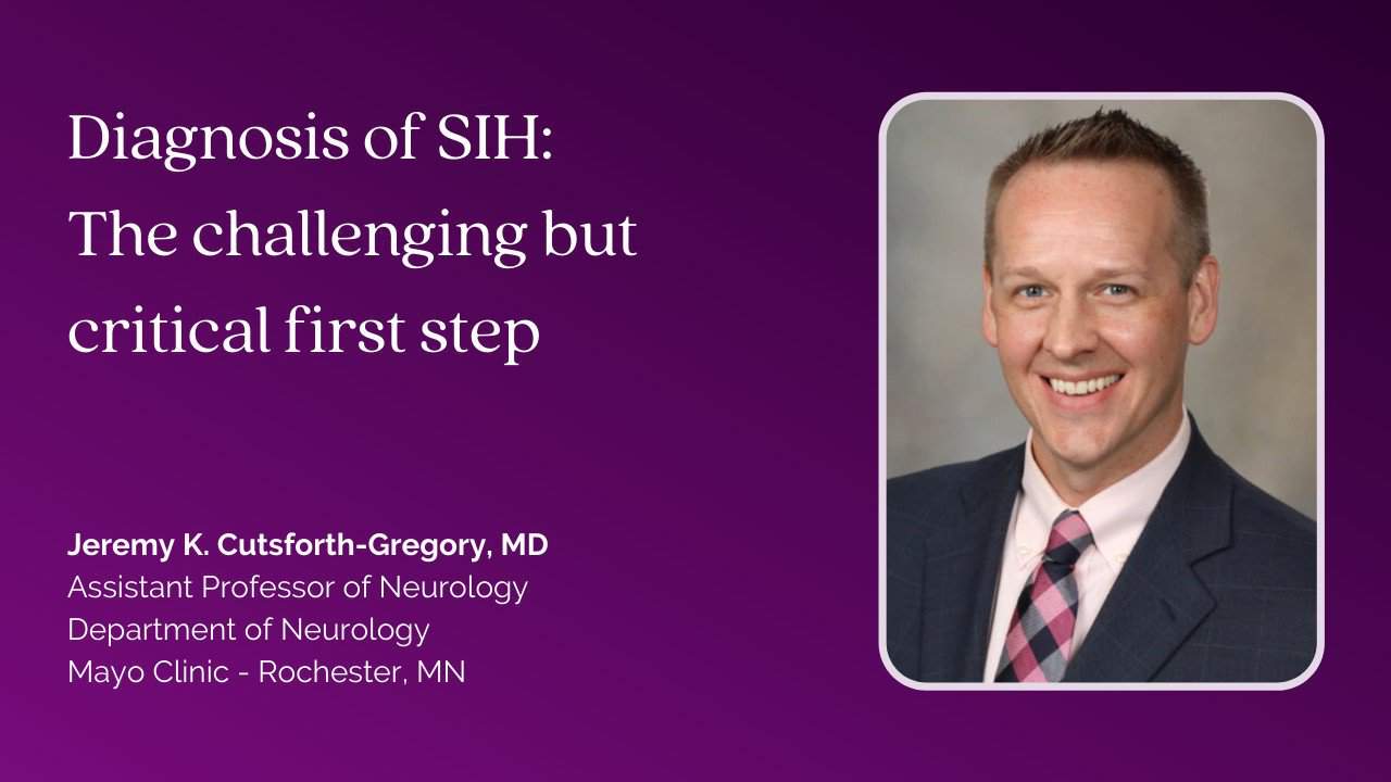 An image featuring Dr. Cuts-forth Gregory and his talk at the 2021 symposium, "Diagnosis of SIH: The challenging but critical first step"