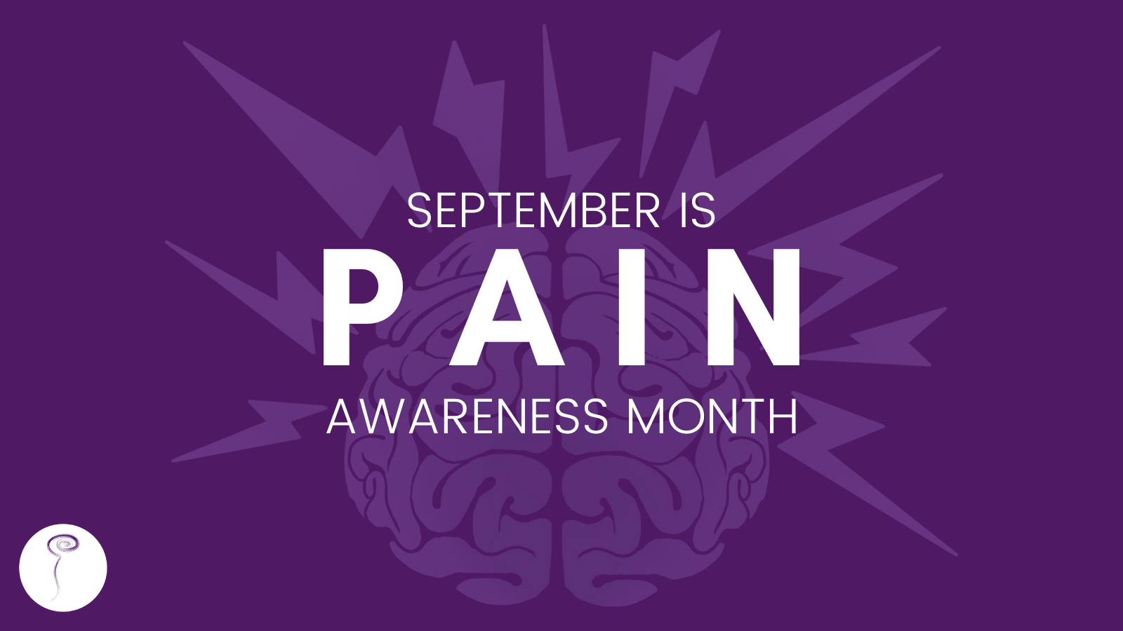 A purple background with a light purple image of a brain surrounded by zaps indicating pain, with text that says "September is pain awareness month"